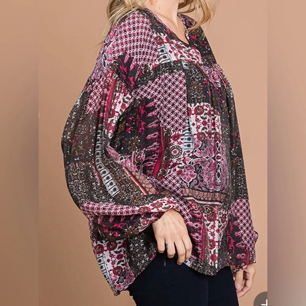 Cotton Bleu Patchwork Boho Blouse - Picture 3 of 5